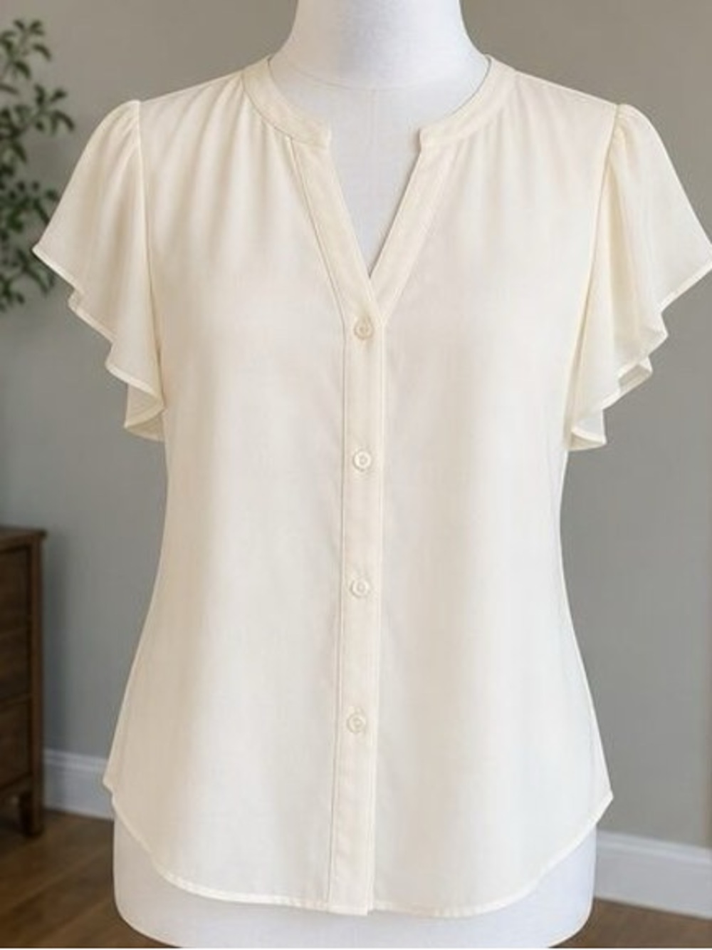 Women's Cream Flutter Sleeve Button Front Top